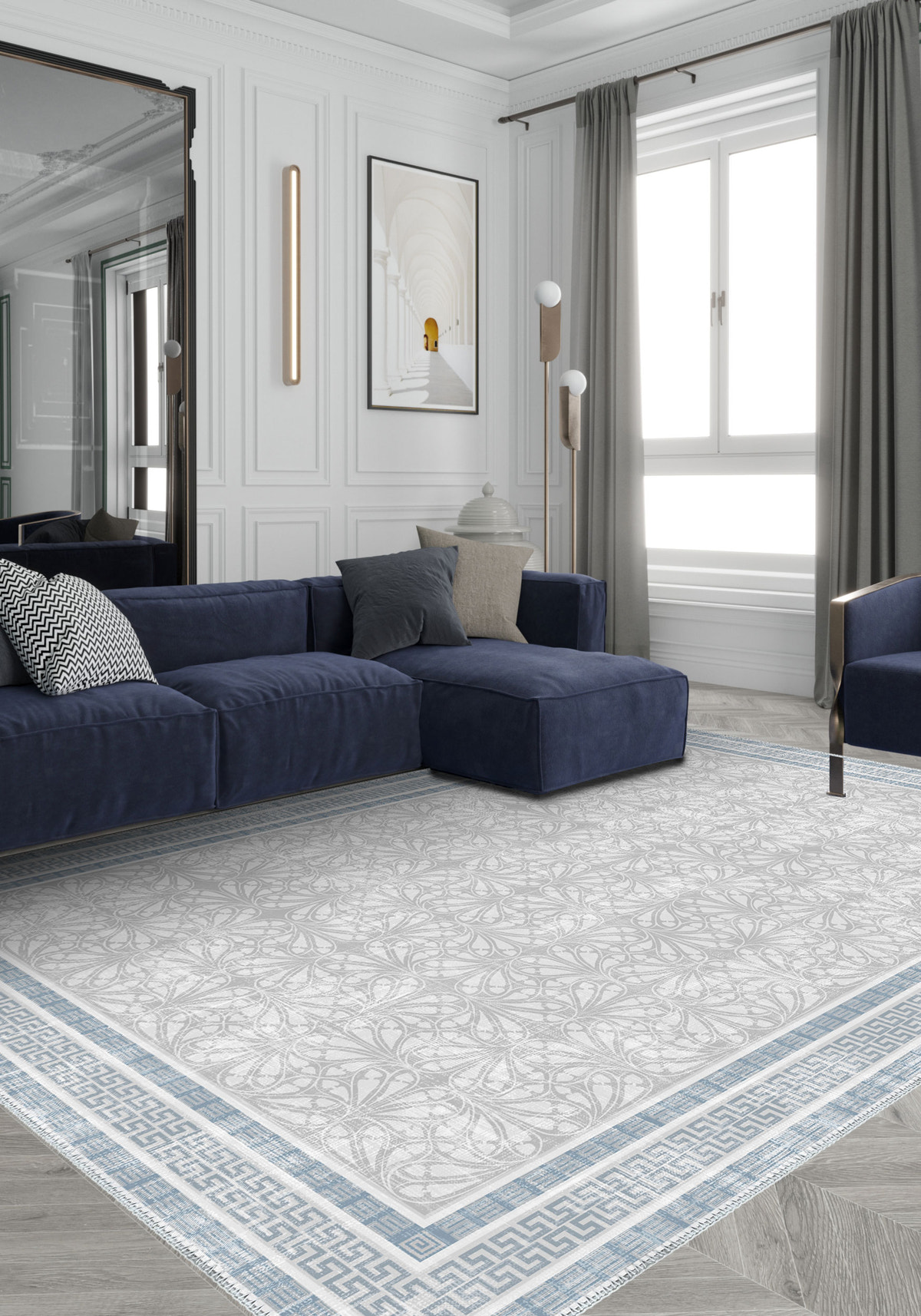 Alexis Blue Bordered Grey Rug