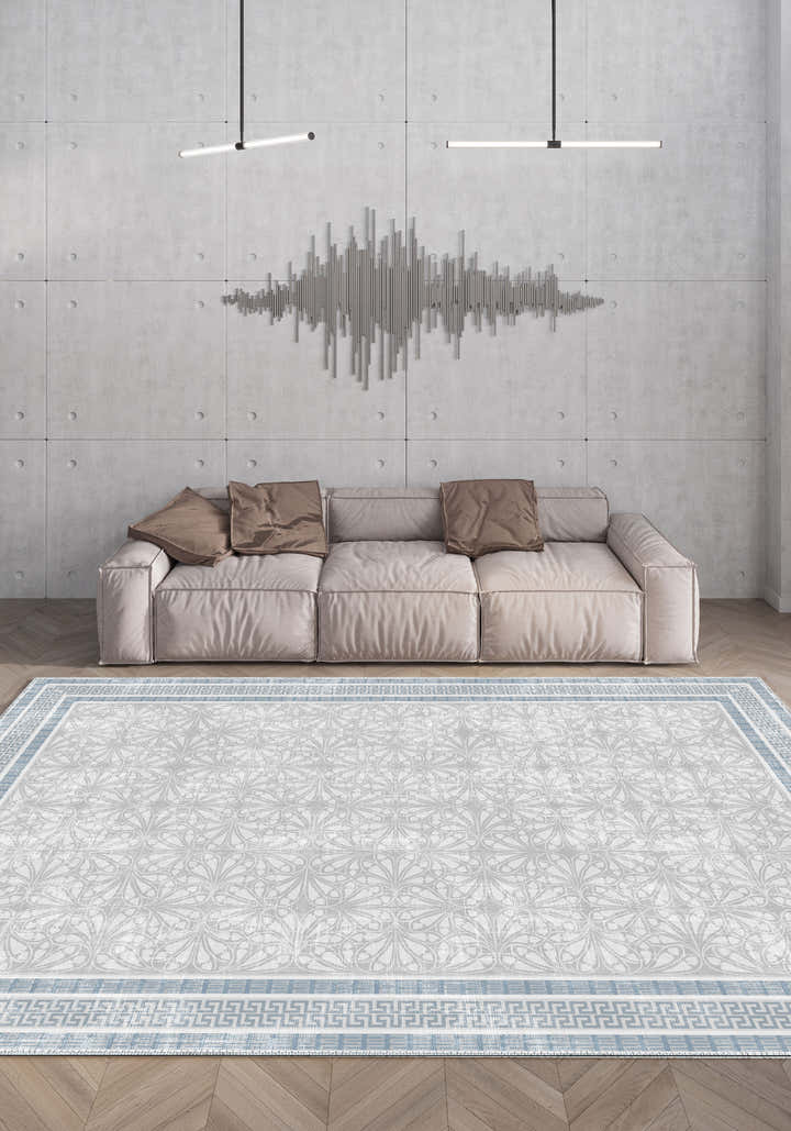 Alexis Blue Bordered Grey Rug