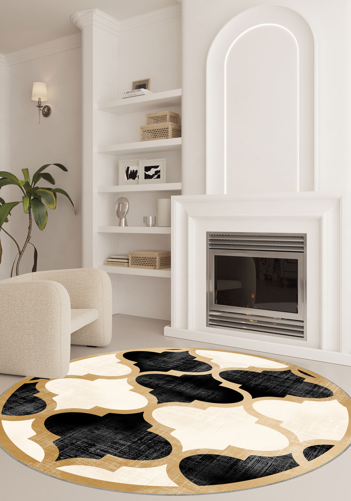 Zoe Gold Bordered Black and White Rug