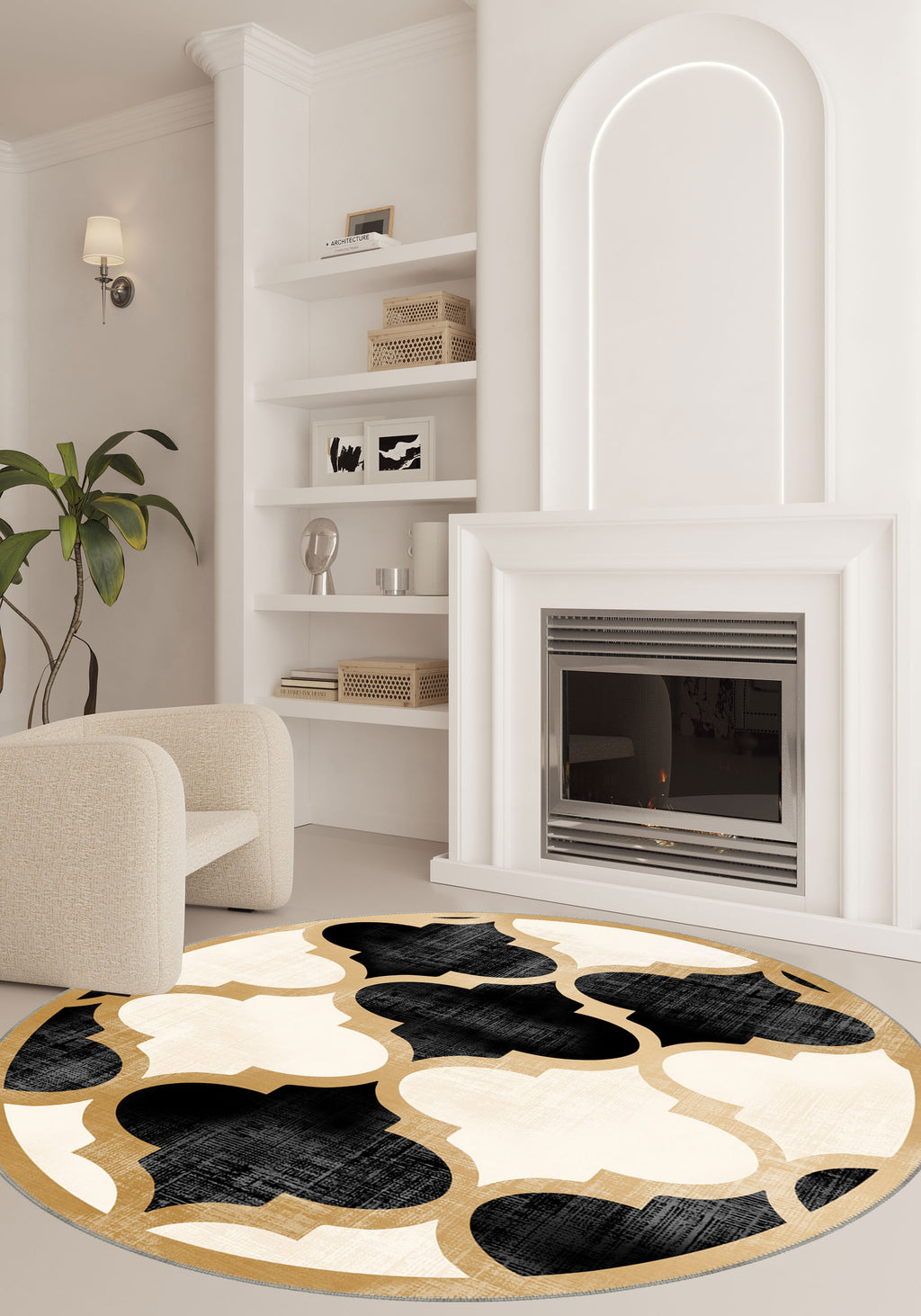 Zoe Gold Bordered Black and White Rug