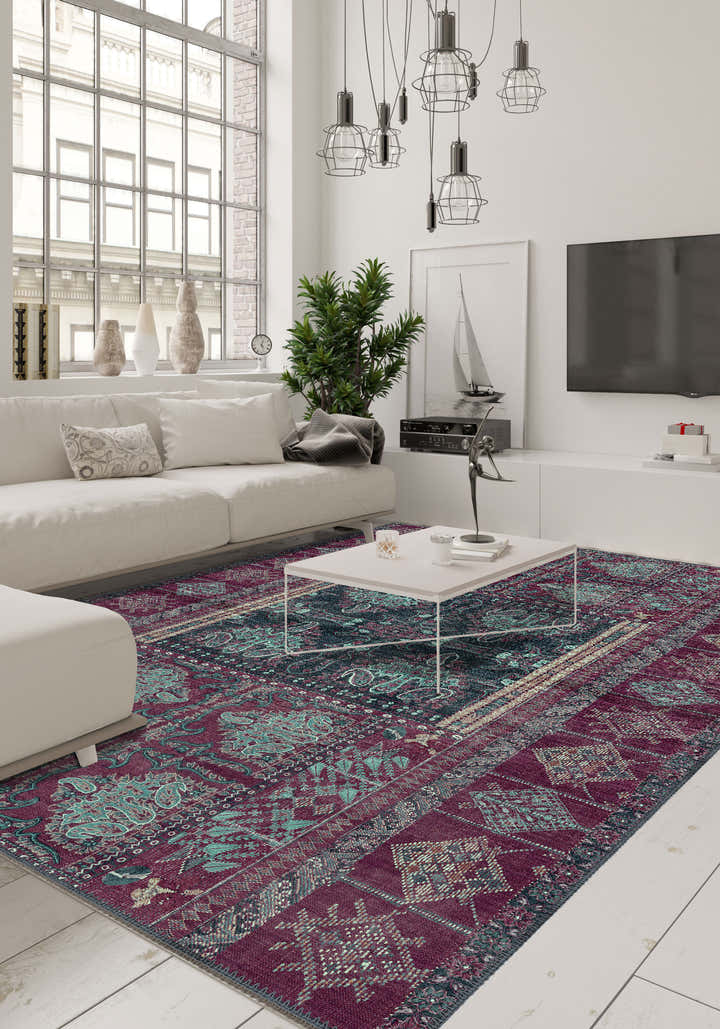 Andrew Burgundy Purple Vintage Washable Rug