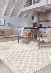 Minimalist cream rug for living room.