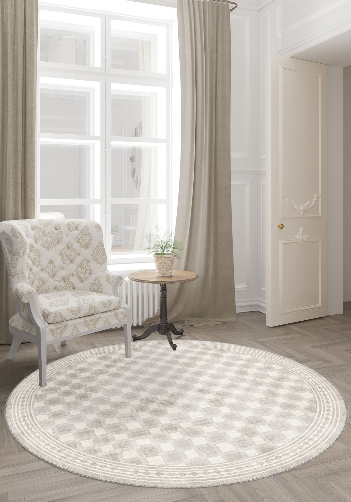 Minimalist round rug for living room.