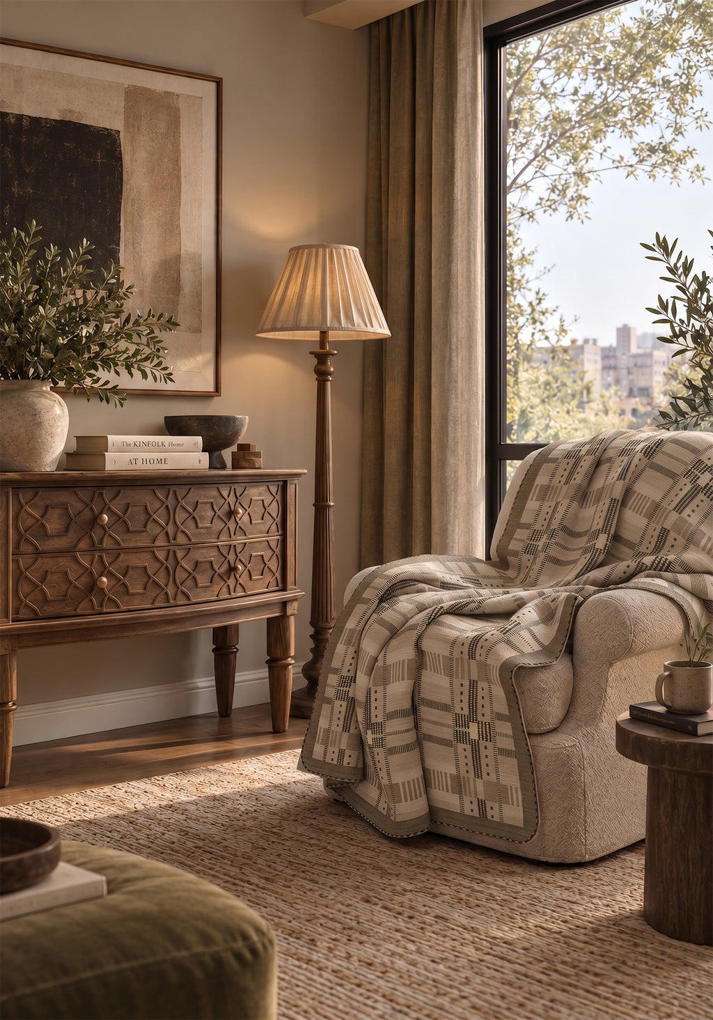 Sloane Beige Plaid Throw Blanket