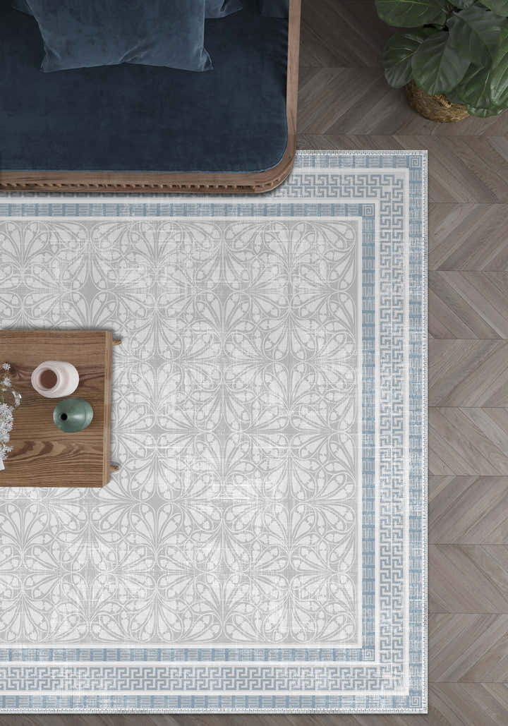 Alexis Blue Bordered Grey Rug