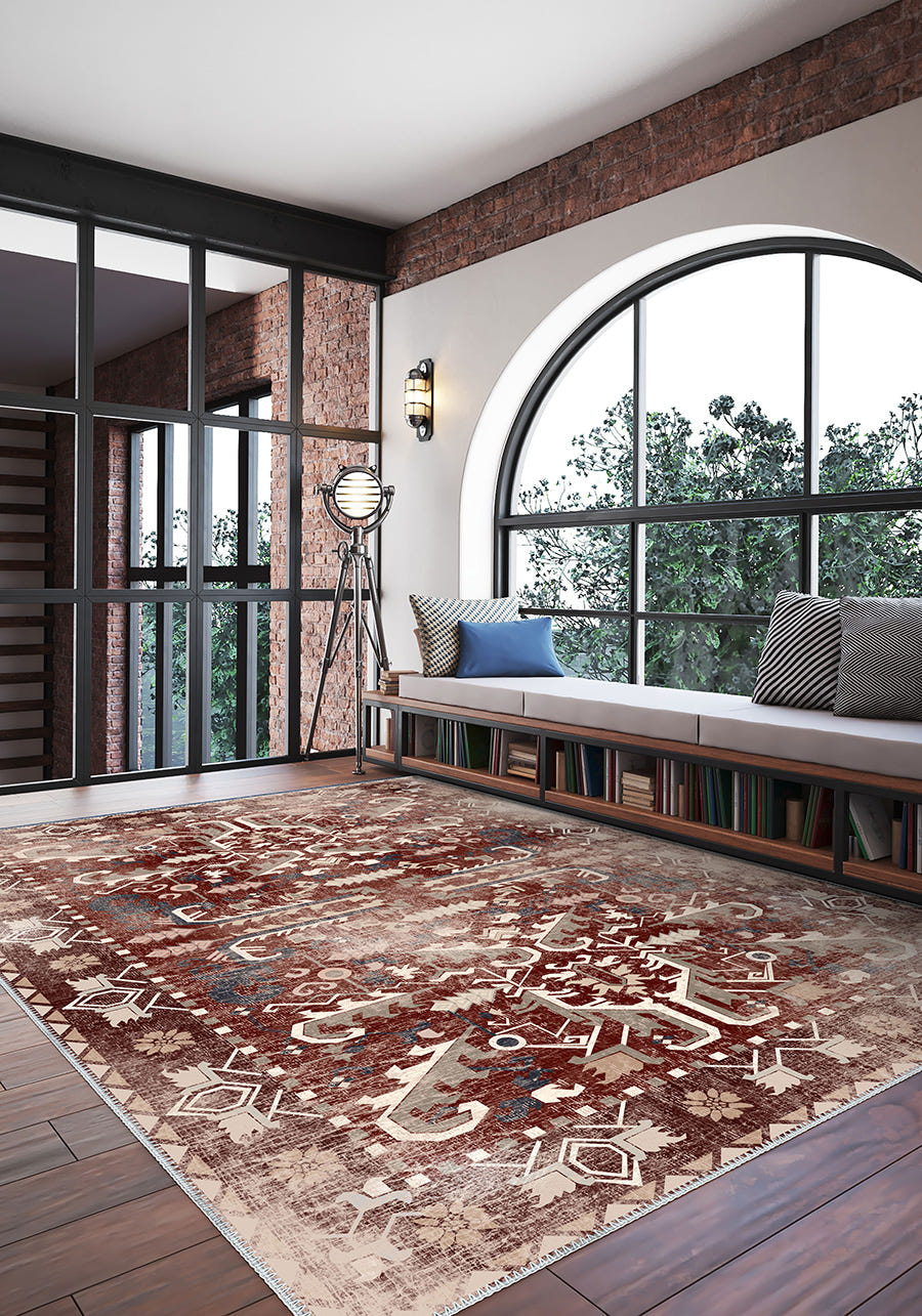 Grace Erased Burgundy Washable Rug