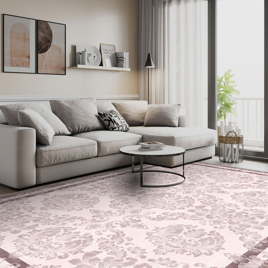 Pink damask rug for living room.