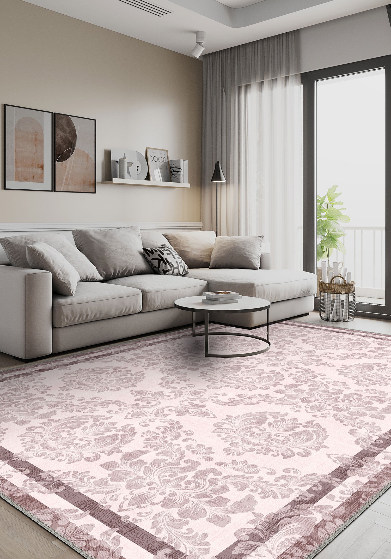 Pink damask rug for living room.