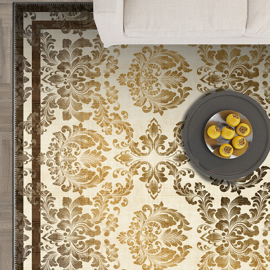 Cream damask rug for a living room.