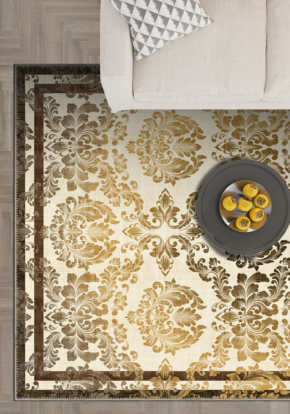 Cream damask rug for a living room.