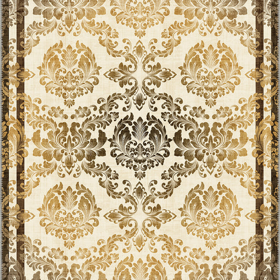Damask rug in cream, gold and brown.