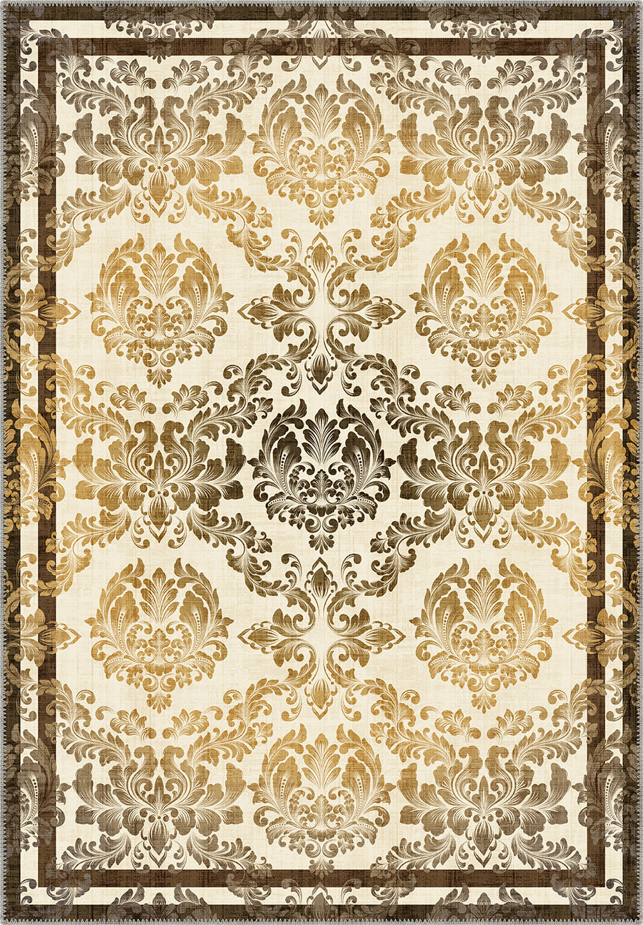 Damask rug in cream, gold and brown.