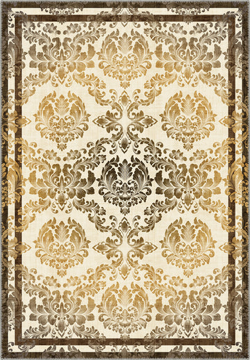 Damask rug in cream, gold and brown.