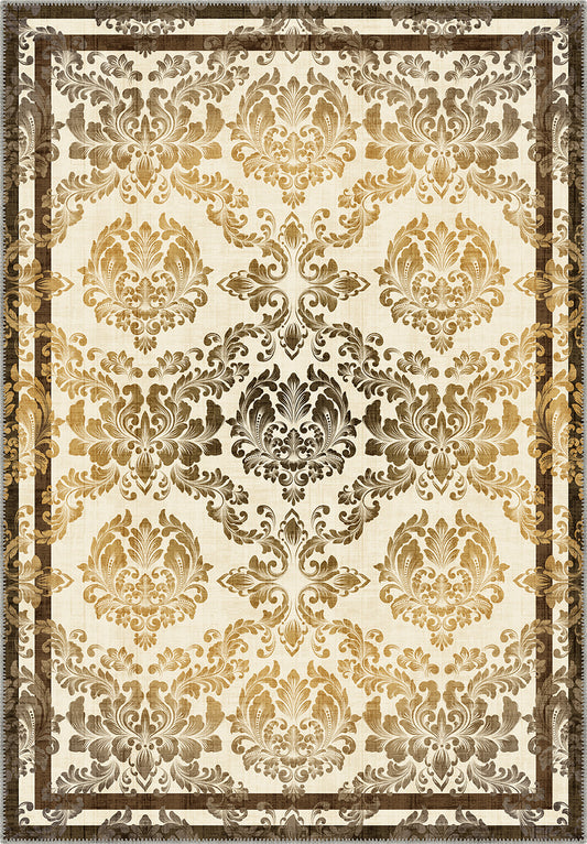 Damask rug in cream, gold and brown.