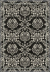 Black gothic rug with damask pattern.