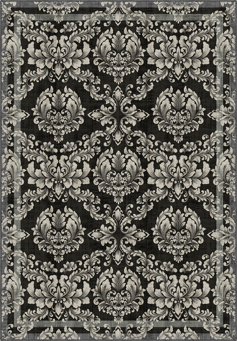 Black gothic rug with damask pattern.