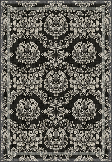 Black gothic rug with damask pattern.