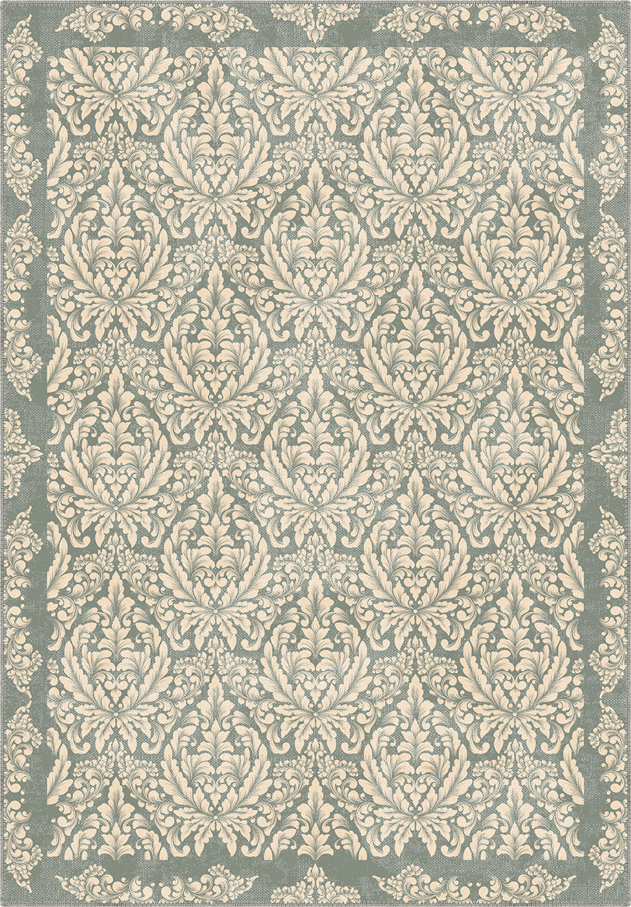 Damask sage green rug.