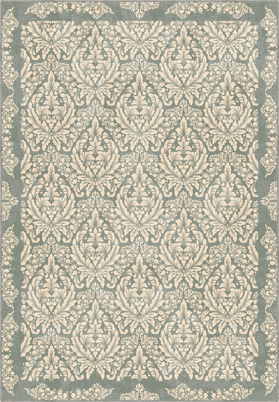 Damask sage green rug.