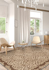 Modern living room with patterned rug, chairs, and large windows.