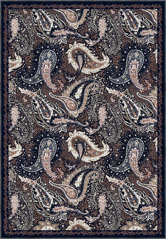 Paisley pattern rug in navy and brown colors.