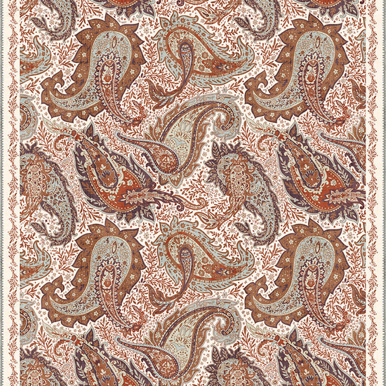 Brown paisley rug on a cream background.