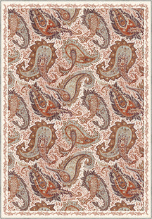 Brown paisley rug on a cream background.