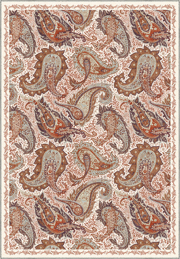 Brown paisley rug on a cream background.