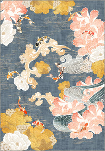 Decorative rug with floral and koi fish design on a blue background