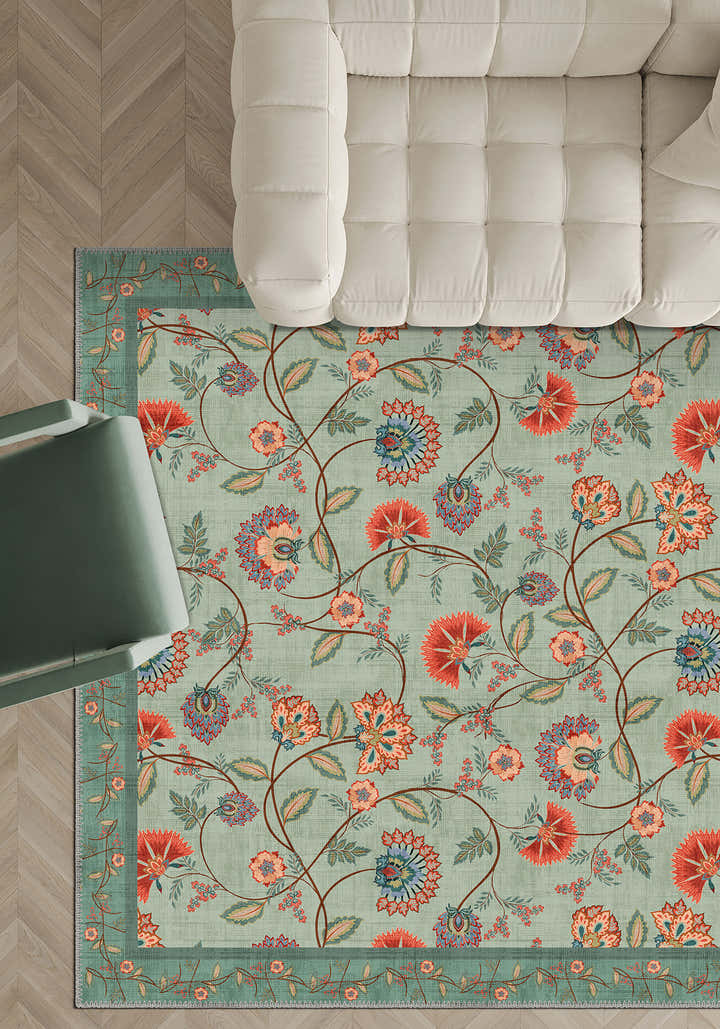 Floral green rug for living room.