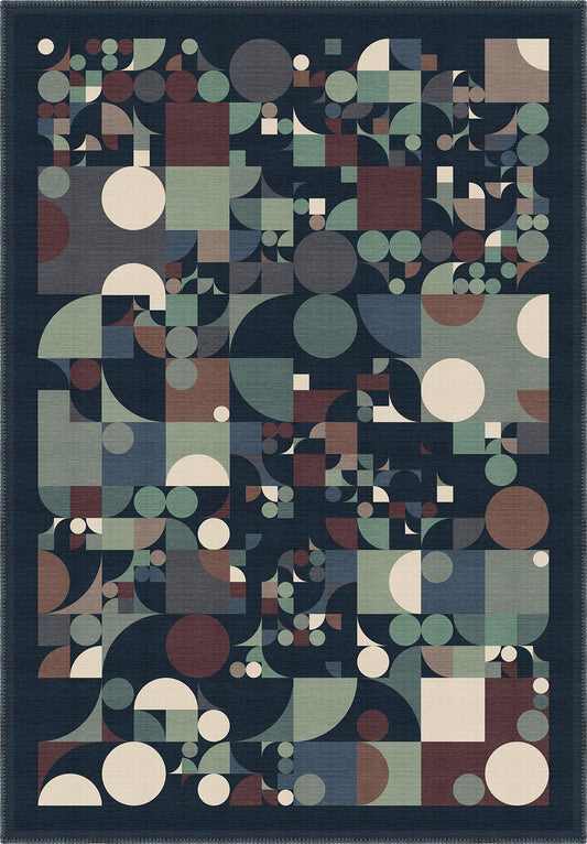 Teal and navy geometric rug for living room.