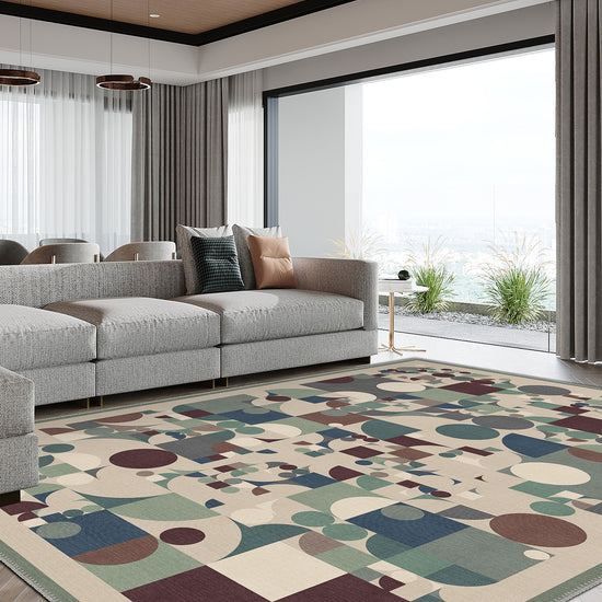 Geometric beige green rug for living room.