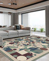 Geometric beige green rug for living room.