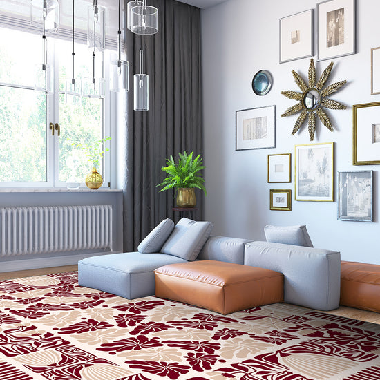 Burgundy floral rug for living room.