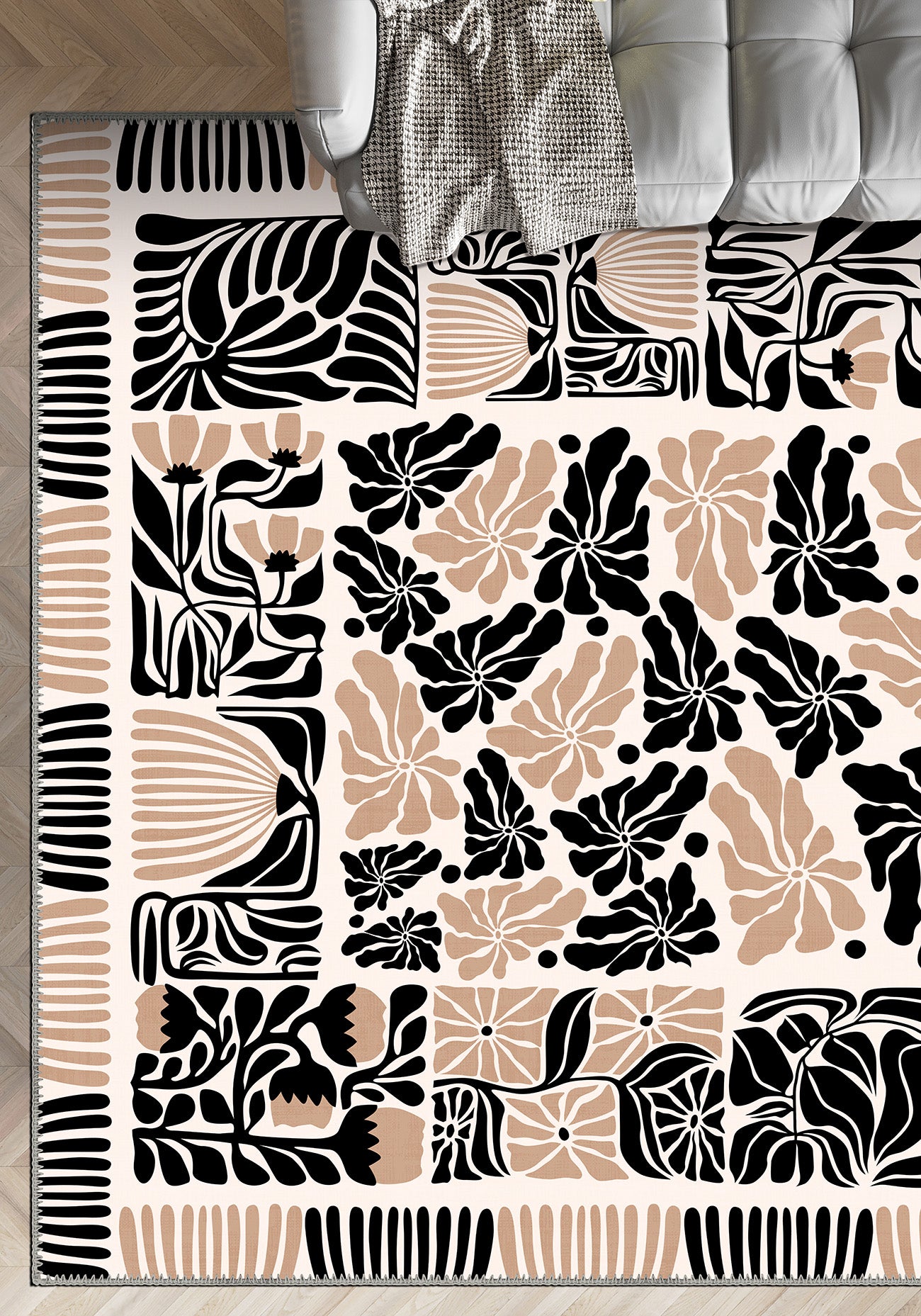 Black, beige, and white patterned rug