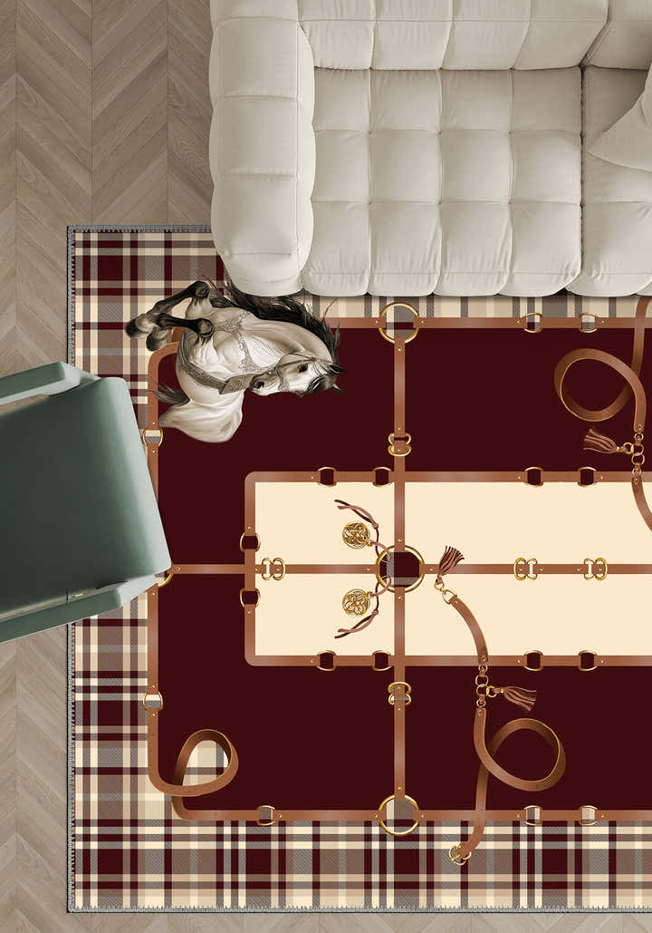 Burgundy plaid rug for living room.
