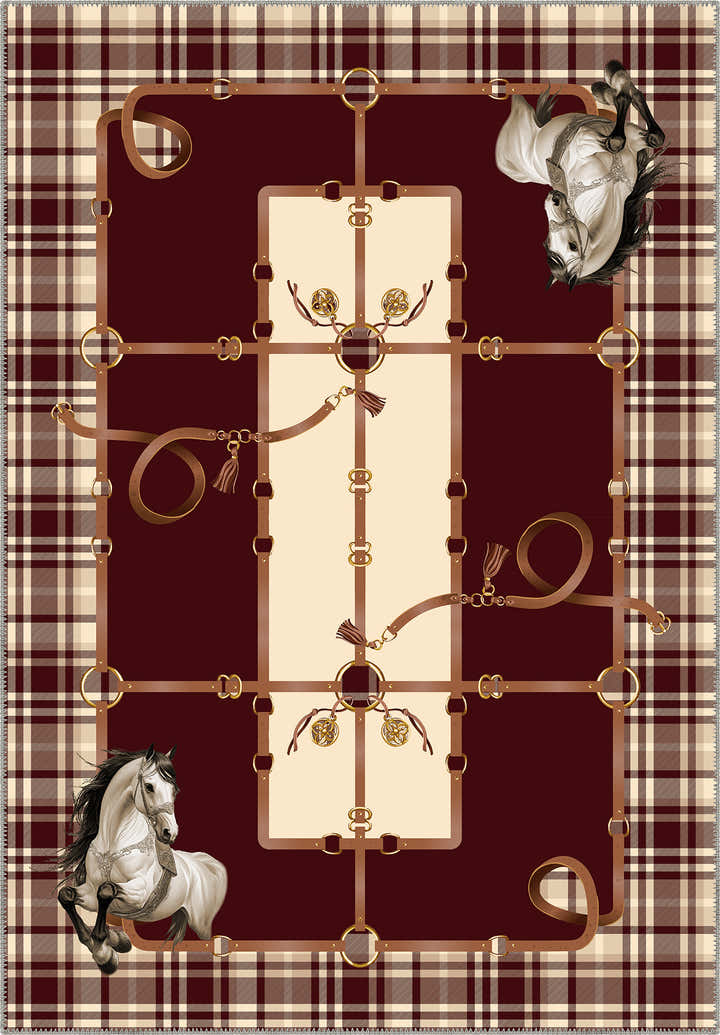 Burgundy plaid rug with equestrian details and horse motifs.