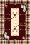 Burgundy plaid rug with equestrian details and horse motifs.