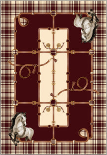 Burgundy plaid rug with equestrian details and horse motifs.
