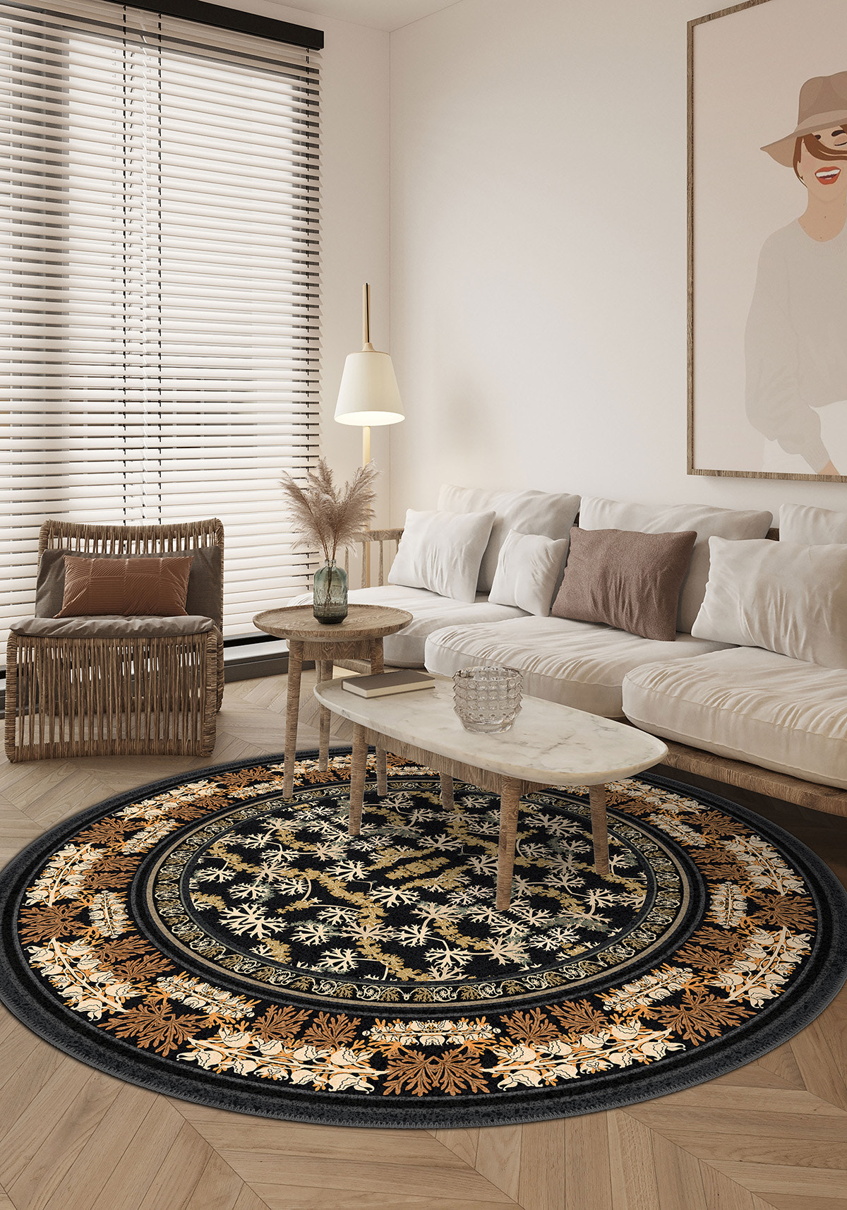 Black round rug with floral motifs.