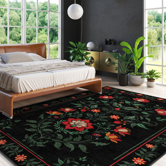 Black floral rug for bedroom.