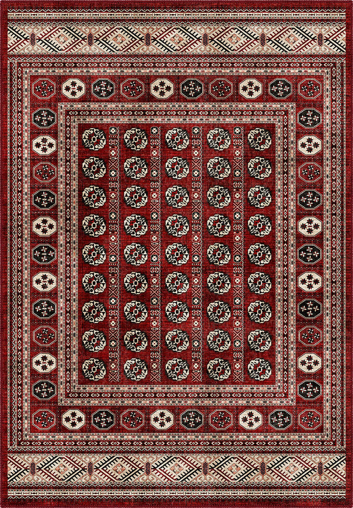 Deep red Bokhara rug for living room.