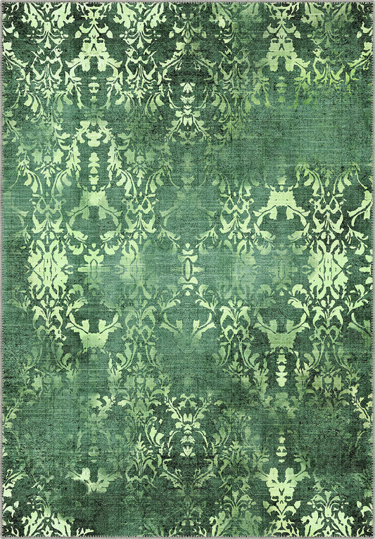 Green distressed damask rug for living room.