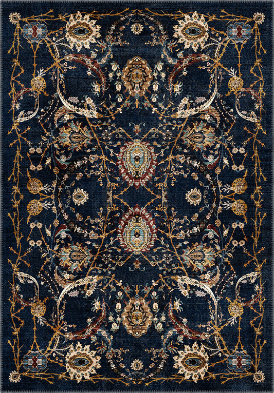 Navy floral rug with royal pattern