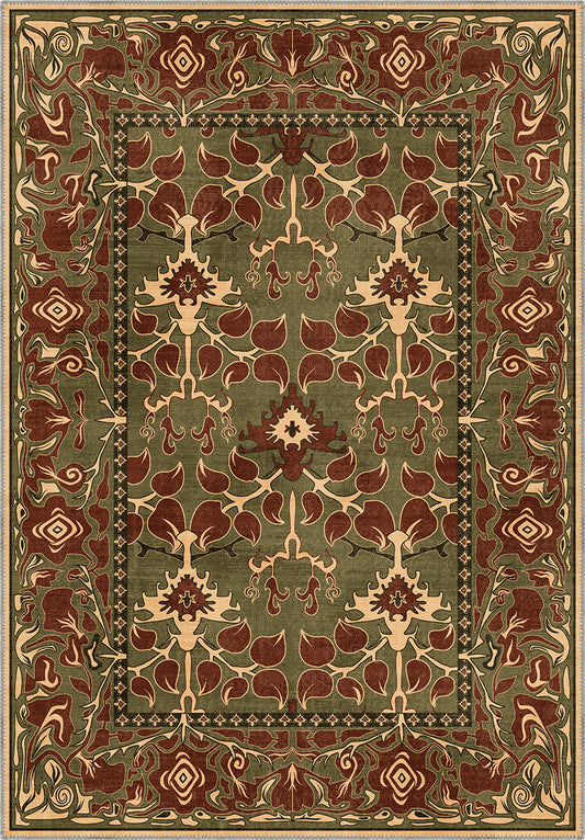 Decorative green rug with intricate pattern.