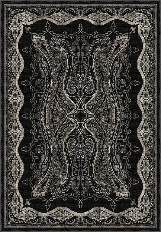 Black Persian Style Isfahan rug for living room.