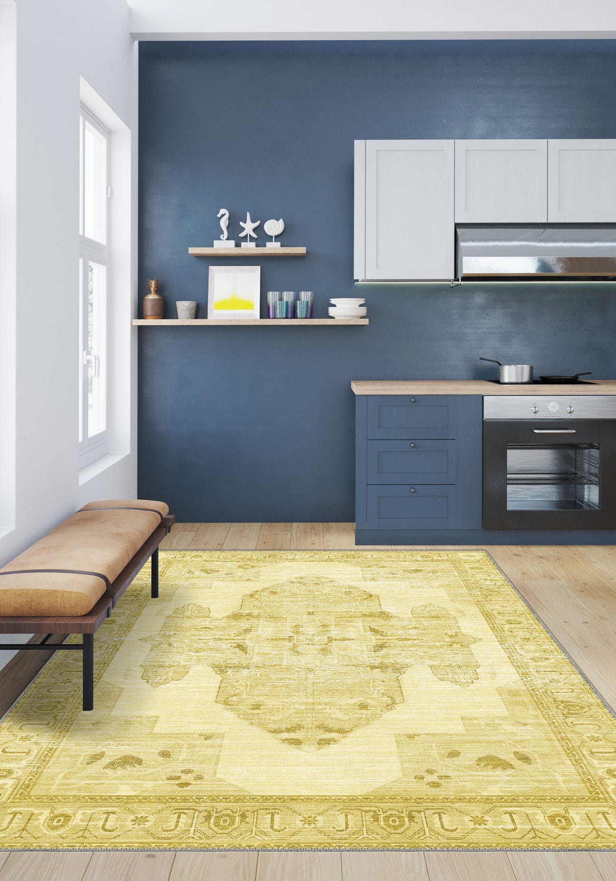 Adrian Yellow Oriental Washable Rug