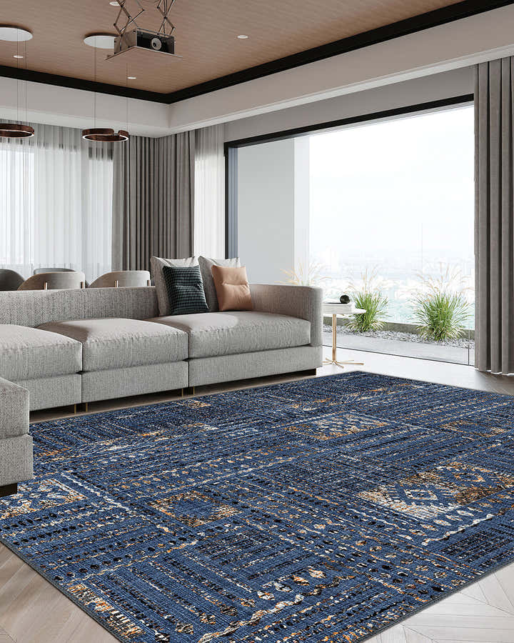 Nora Blue Abstract Washable Rug