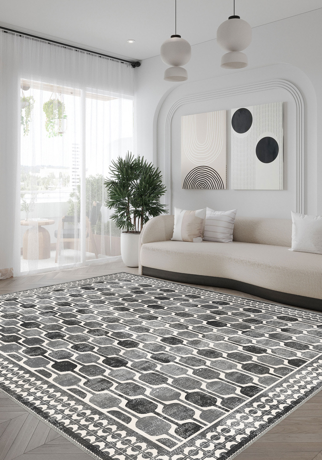 Elvara Bordered Grey Washable Rug