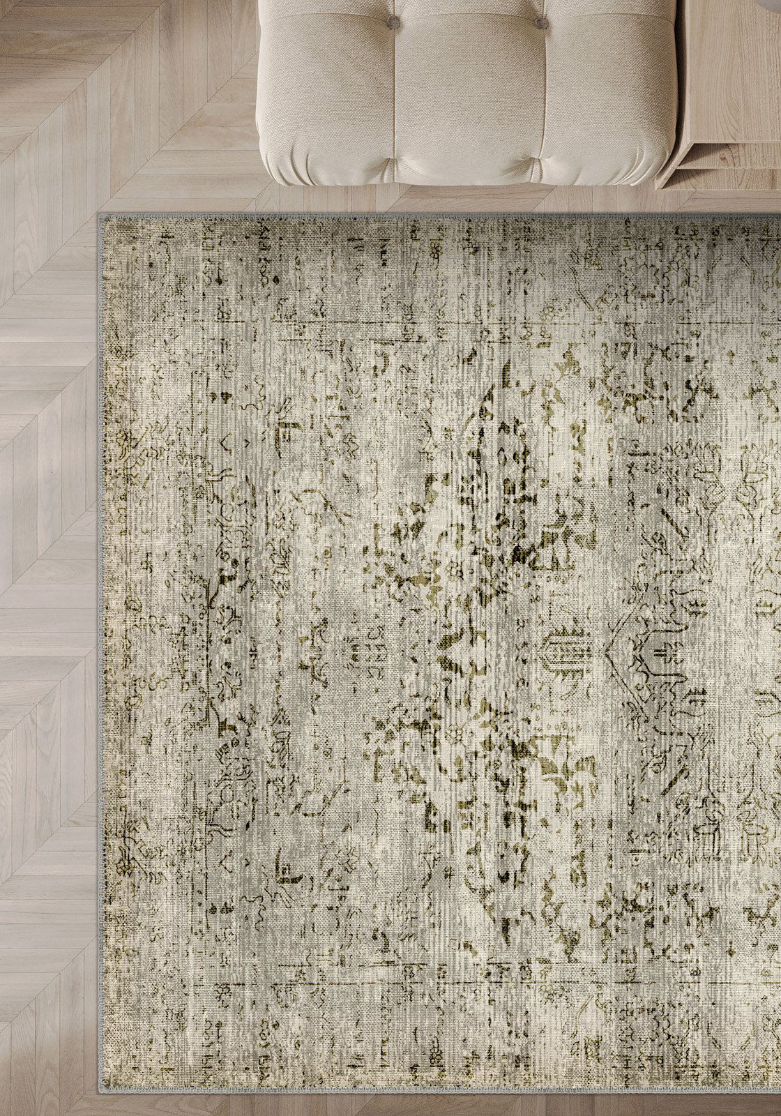 Hudson Green Beige Medallion Washable Rug